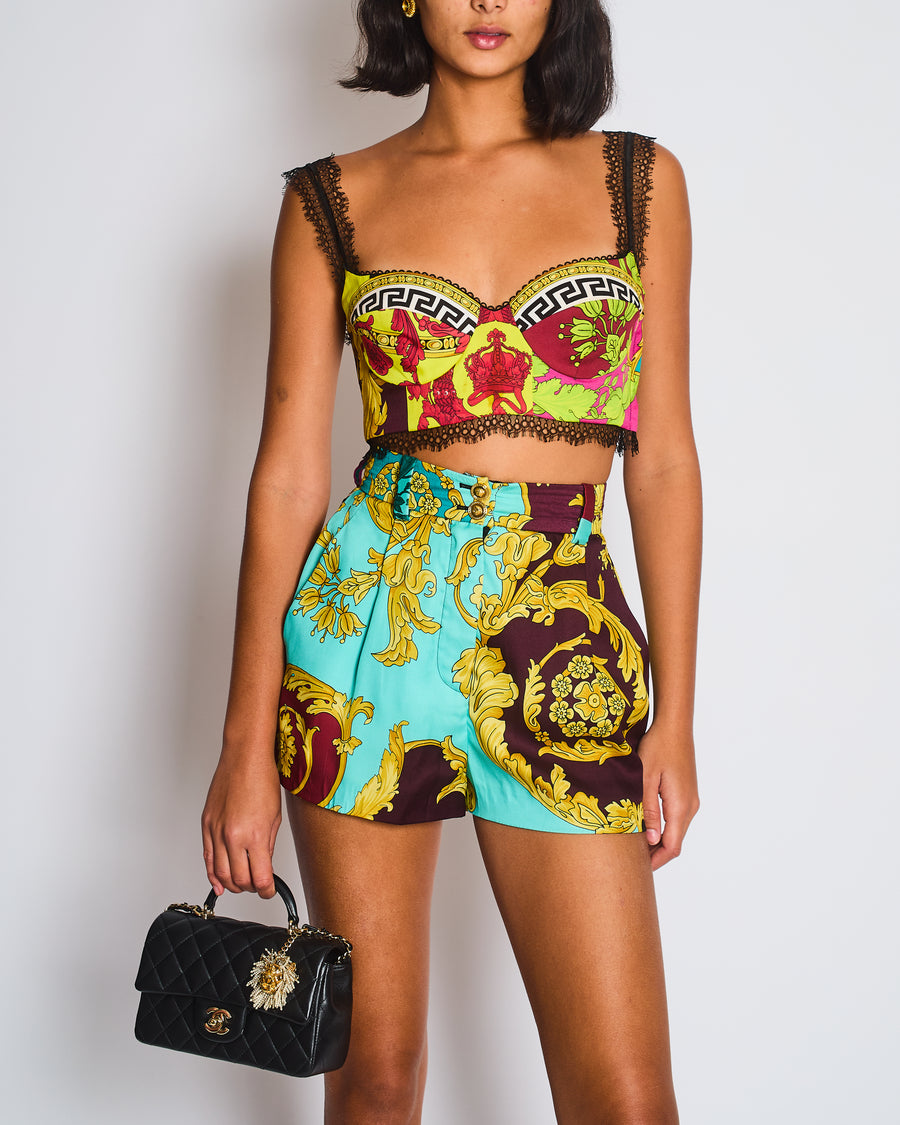 Versace Yellow, Black, Brown Medusa Pattern Bustier and Shorts Set with Lace & Gold Button Details Size IT 36/40 (UK 4/8)