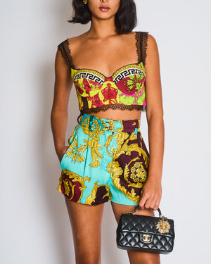 Versace Yellow, Black, Brown Medusa Pattern Bustier and Shorts Set with Lace & Gold Button Details Size IT 36/40 (UK 4/8)