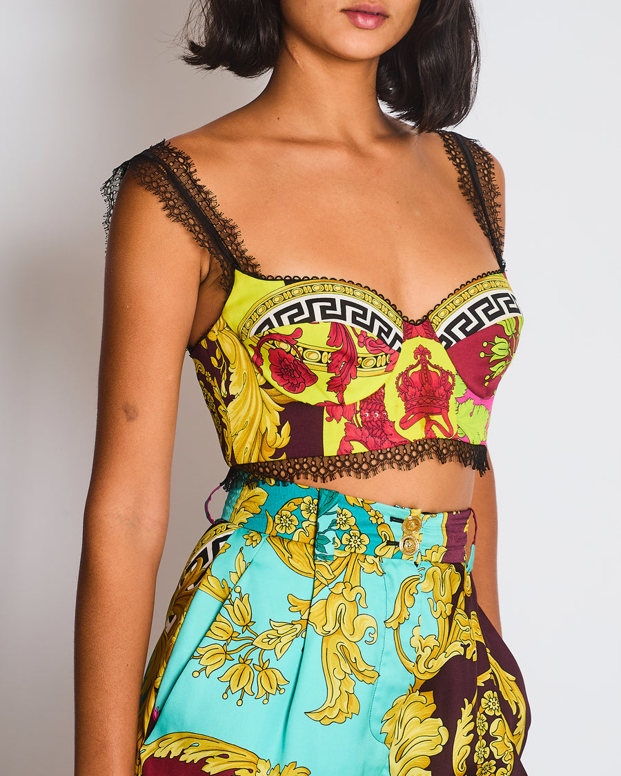Versace Yellow, Black, Brown Medusa Pattern Bustier and Shorts Set with Lace & Gold Button Details Size IT 36/40 (UK 4/8)