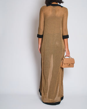 Chanel 03/P Brown Crochet Knitted Long Line Cardigan with Black Trim Detail Size FR 40 (UK 12)