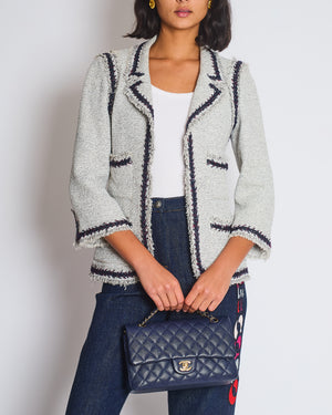 Chanel 08P Light Grey Tweed Jacket with Contrast Navy and Red Tweed Trim with CC Detail Buttons On The Cuff Size FR 38 (UK 10)