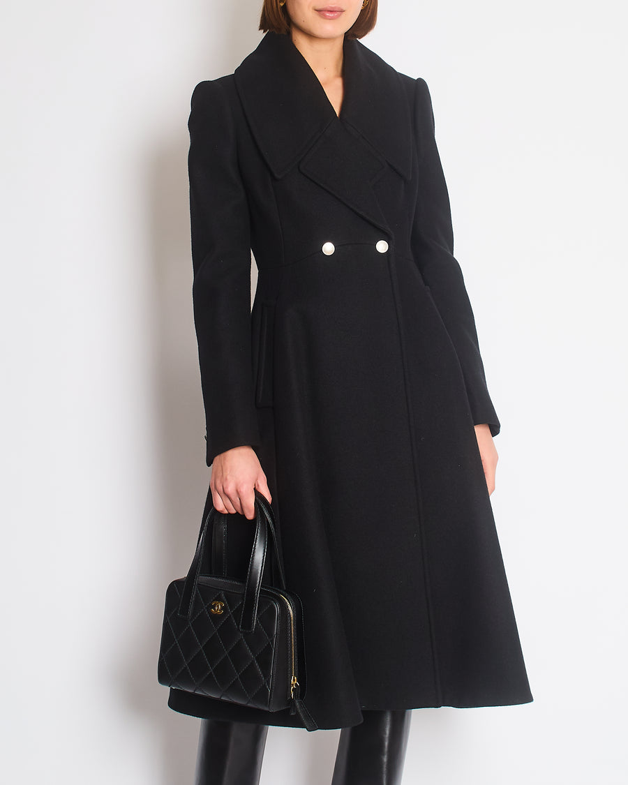 Alexander McQueen Black Flared Wool Coat With Silver Buttons And Oversized Lapels Size IT 40 (UK 8)