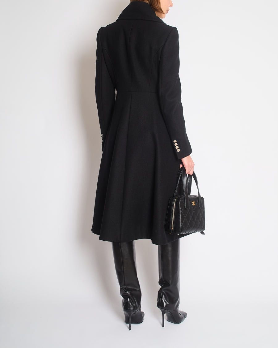 Alexander McQueen Black Flared Wool Coat With Silver Buttons And Oversized Lapels Size IT 40 (UK 8)