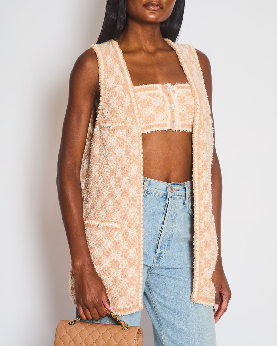 Chanel 23/S Dusty Pink & Ecru Tweed Gilet & Bralette Top with Crystal CC Buttons Detail Size FR 36 (UK 8)