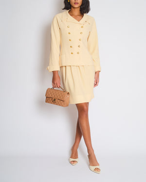 Chanel Vintage Cream Double Breasted Wool Blazer Jacket and Skirt Set with Gold CC Logo Button Detail FR 36 (UK 8)