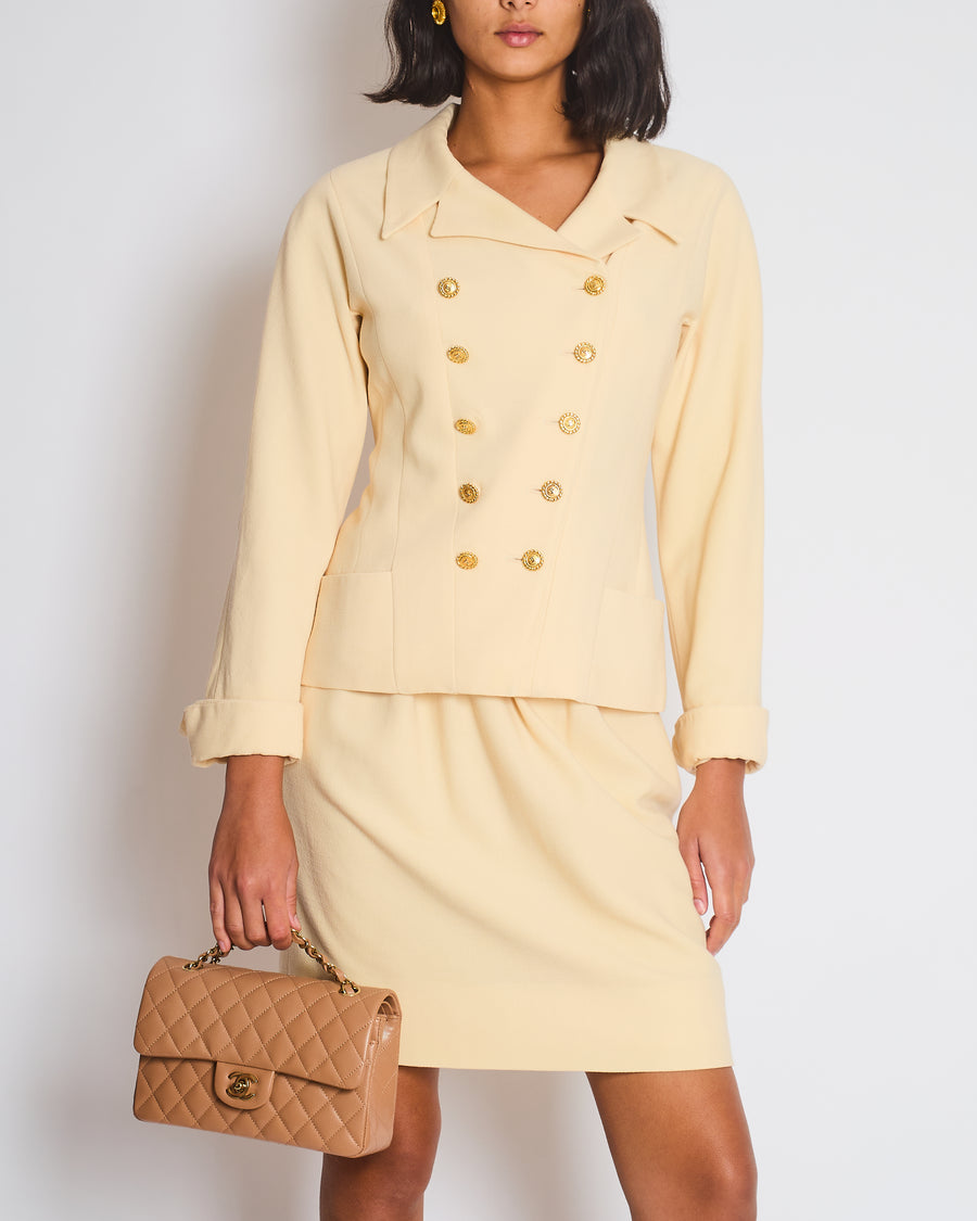 Chanel Vintage Cream Double Breasted Wool Blazer Jacket and Skirt Set with Gold CC Logo Button Detail FR 36 (UK 8)