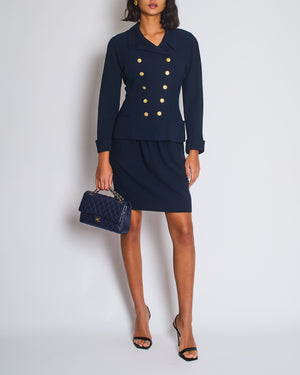 Chanel Vintage Navy Double Breasted Wool Blazer Jacket and Skirt Set with Gold CC Logo Button Detail FR 38 (UK 10)