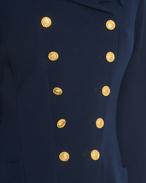 Chanel Vintage Navy Double Breasted Wool Blazer Jacket and Skirt Set with Gold CC Logo Button Detail FR 38 (UK 10)