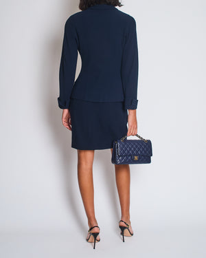 Chanel Vintage Navy Double Breasted Wool Blazer Jacket and Skirt Set with Gold CC Logo Button Detail FR 38 (UK 10)