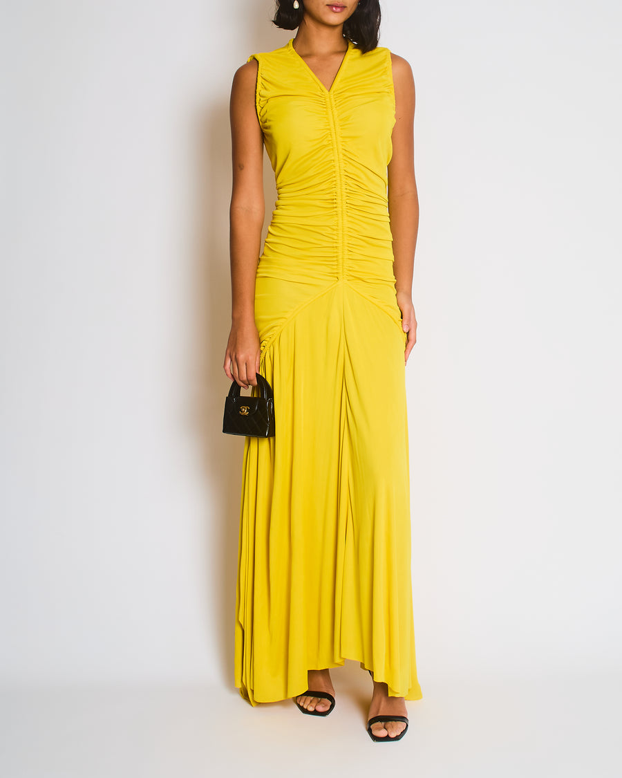 Proenza Schouler Yellow Maxi Dress with Long Shoulder Drawstring Asymmetric Details Size US 4 (UK 8)
