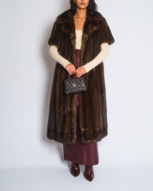 Brown Sable Real Fur Long Coat with Half Sleeve Detail Size UK 10-12