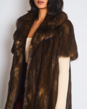 Brown Sable Real Fur Long Coat with Half Sleeve Detail Size UK 10-12