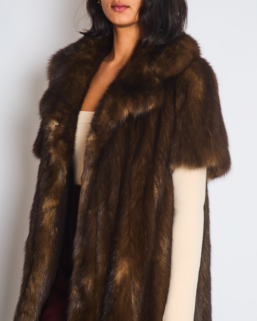 Brown Sable Real Fur Long Coat with Half Sleeve Detail Size UK 10-12