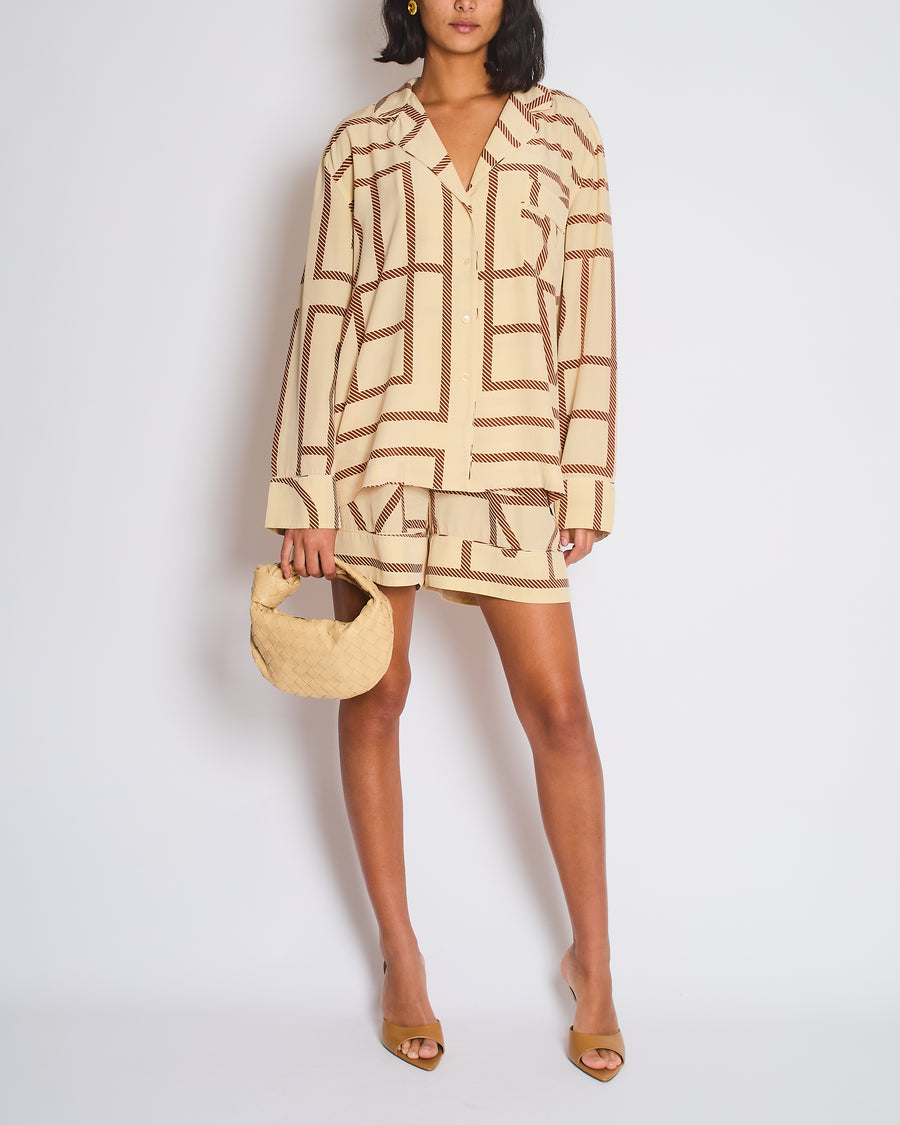 Toteme Silk Beige Long Sleeve Shirt and Shorts Set with Monogram Details Size XS (UK6)
