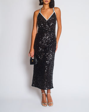 Dolce & Gabbana Exclusive Black Sequin Midi Dress with Embellished Strap Detail Size IT 48 (UK 16)