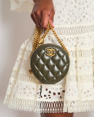 Chanel Lambskin Quilted Khaki Round Coco Crush Clutch with Brushed Gold Hardware