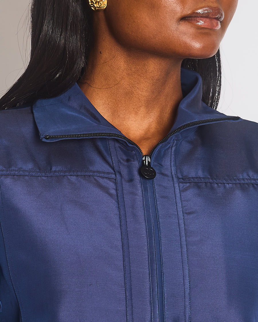 Chanel 17/A Navy Satin Bomber Jacket with Glitter Trim and CC Button Detail Size FR 34 (UK 6)