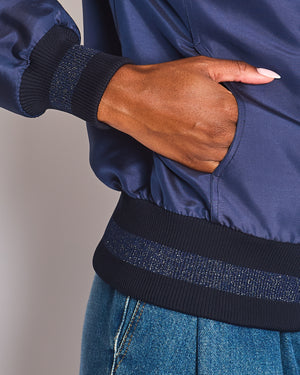 Chanel 17/A Navy Satin Bomber Jacket with Glitter Trim and CC Button Detail Size FR 34 (UK 6)