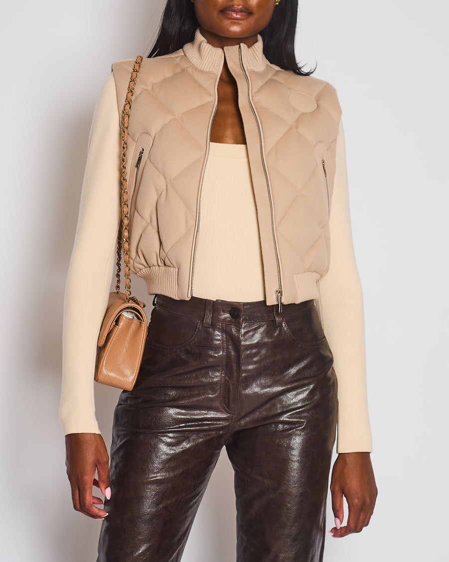 Hermès Beige Short Sleeveless Puffer Vest in Waterproof Cashmere with Clour De Selle Embossed Lambskin Logo Detail Size FR 34 (UK 6) RRP £3,230