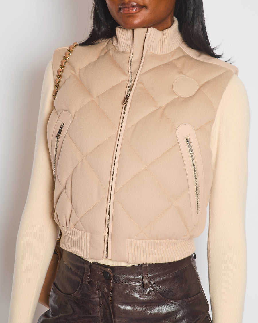 Hermès Beige Short Sleeveless Puffer Vest in Waterproof Cashmere with Clour De Selle Embossed Lambskin Logo Detail Size FR 34 (UK 6) RRP £3,230