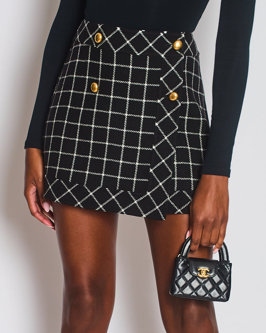 Christian Dior Black Checkered Mini Skirt with Logo Button Detail Size FR 40 (UK 12)