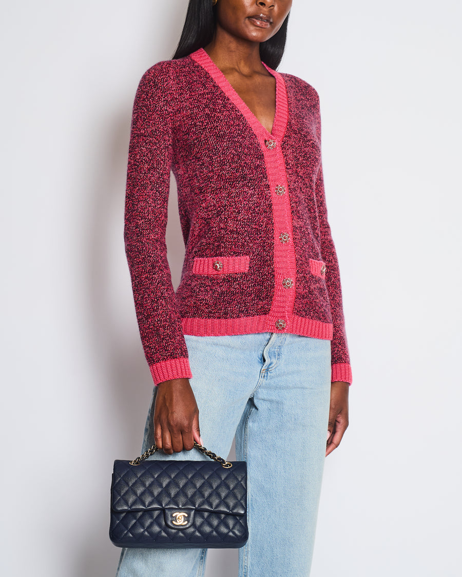 Chanel Pink and Black Long Sleeve Cardigan with Silver Crystal Button Detail Size FR 34 (UK 6)