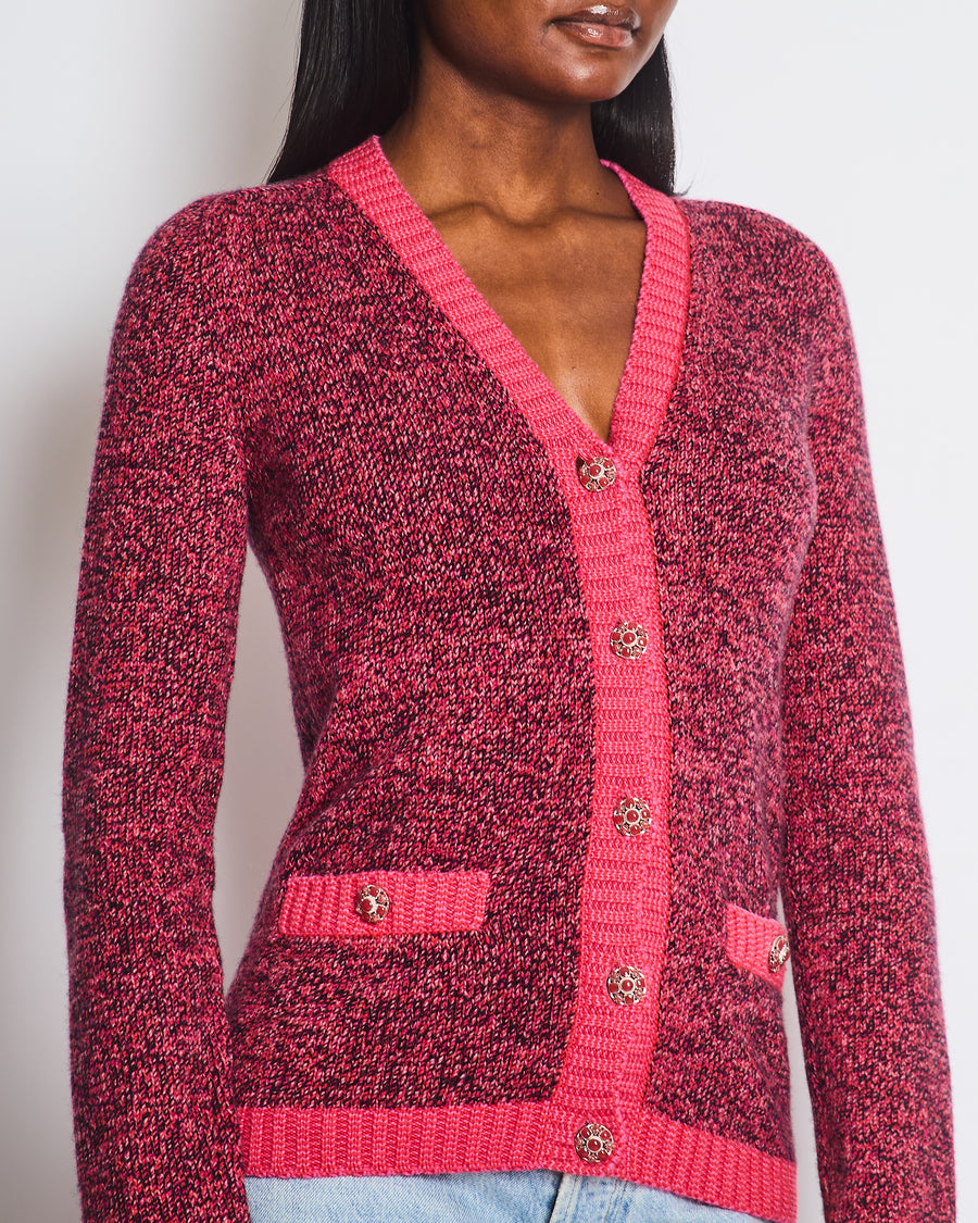 Chanel Pink and Black Long Sleeve Cardigan with Silver Crystal Button Detail Size FR 34 (UK 6)