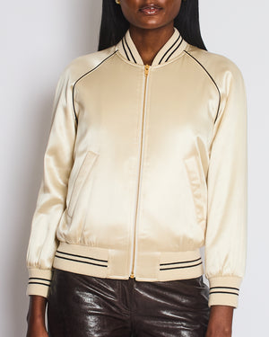 Celine Cream Satin Varsity Bomber Jacket with Brown Embroidered Logo Detail Size FR 34 (UK 6)