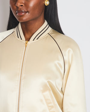 Celine Cream Satin Varsity Bomber Jacket with Brown Embroidered Logo Detail Size FR 34 (UK 6)