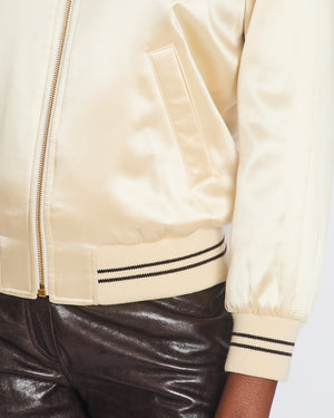 Celine Cream Satin Varsity Bomber Jacket with Brown Embroidered Logo Detail Size FR 34 (UK 6)