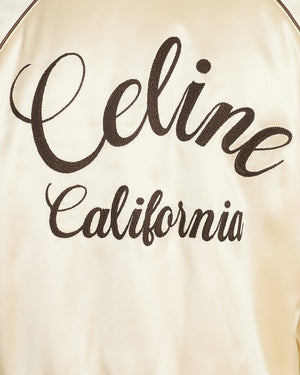 Celine Cream Satin Varsity Bomber Jacket with Brown Embroidered Logo Detail Size FR 34 (UK 6)