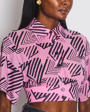 Chanel Coco Beach 2023 Pink & Black Cotton Gauze Cropped Shirt Top with Black CC Logo Buttons Size FR 36 (UK 8)