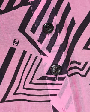 Chanel Coco Beach 2023 Pink & Black Cotton Gauze Cropped Shirt Top with Black CC Logo Buttons Size FR 36 (UK 8)