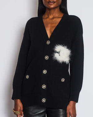 Chanel AW/23 Black Cashmere Cardigan with White Feather CC Logo Detail & Transparent Buttons FR 34 (UK 6)