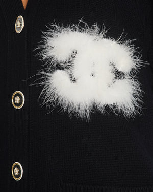 Chanel AW/23 Black Cashmere Cardigan with White Feather CC Logo Detail & Transparent Buttons FR 34 (UK 6)