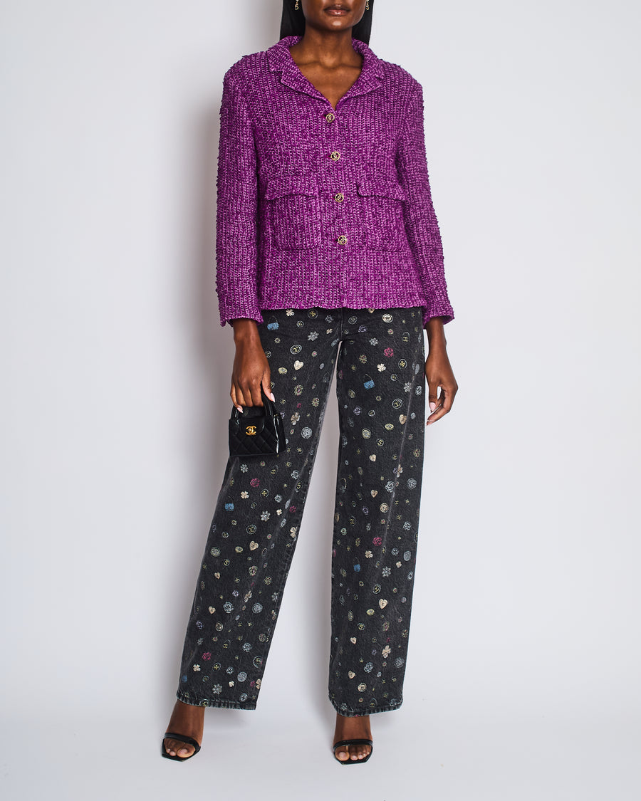 Chanel 21C Purple Tweed Blazer with CC Buttons and Pockets Detail Size FR 44 (UK 16)