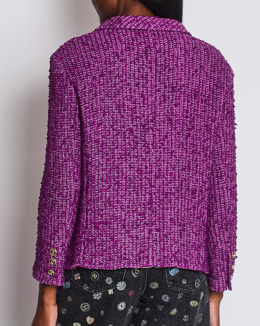 Chanel 21C Purple Tweed Blazer with CC Buttons and Pockets Detail Size FR 44 (UK 16)