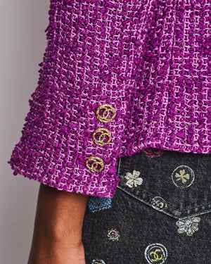 Chanel 21C Purple Tweed Blazer with CC Buttons and Pockets Detail Size FR 44 (UK 16)