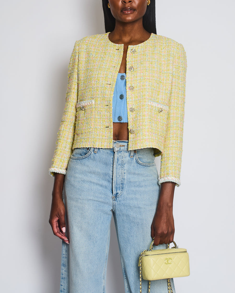 Chanel 24C Yellow White Pink and Blue Metallic Tweed Check Collarless Jacket with Crystal CC Buttons Size FR 36 (UK 8) RRP £6,500