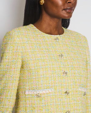 Chanel 24C Yellow White Pink and Blue Metallic Tweed Check Collarless Jacket with Crystal CC Buttons Size FR 36 (UK 8) RRP £6,500