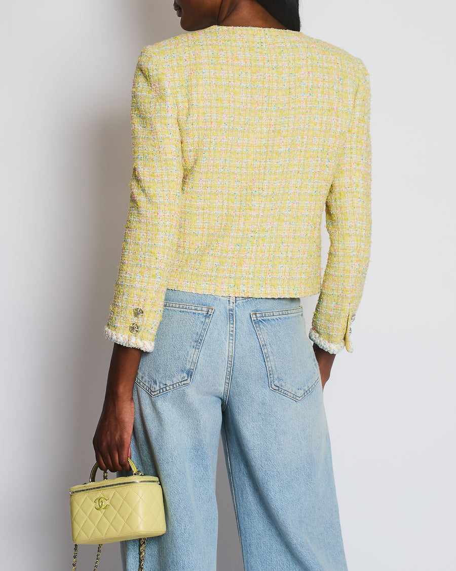 Chanel 24C Yellow White Pink and Blue Metallic Tweed Check Collarless Jacket with Crystal CC Buttons Size FR 36 (UK 8) RRP £6,500