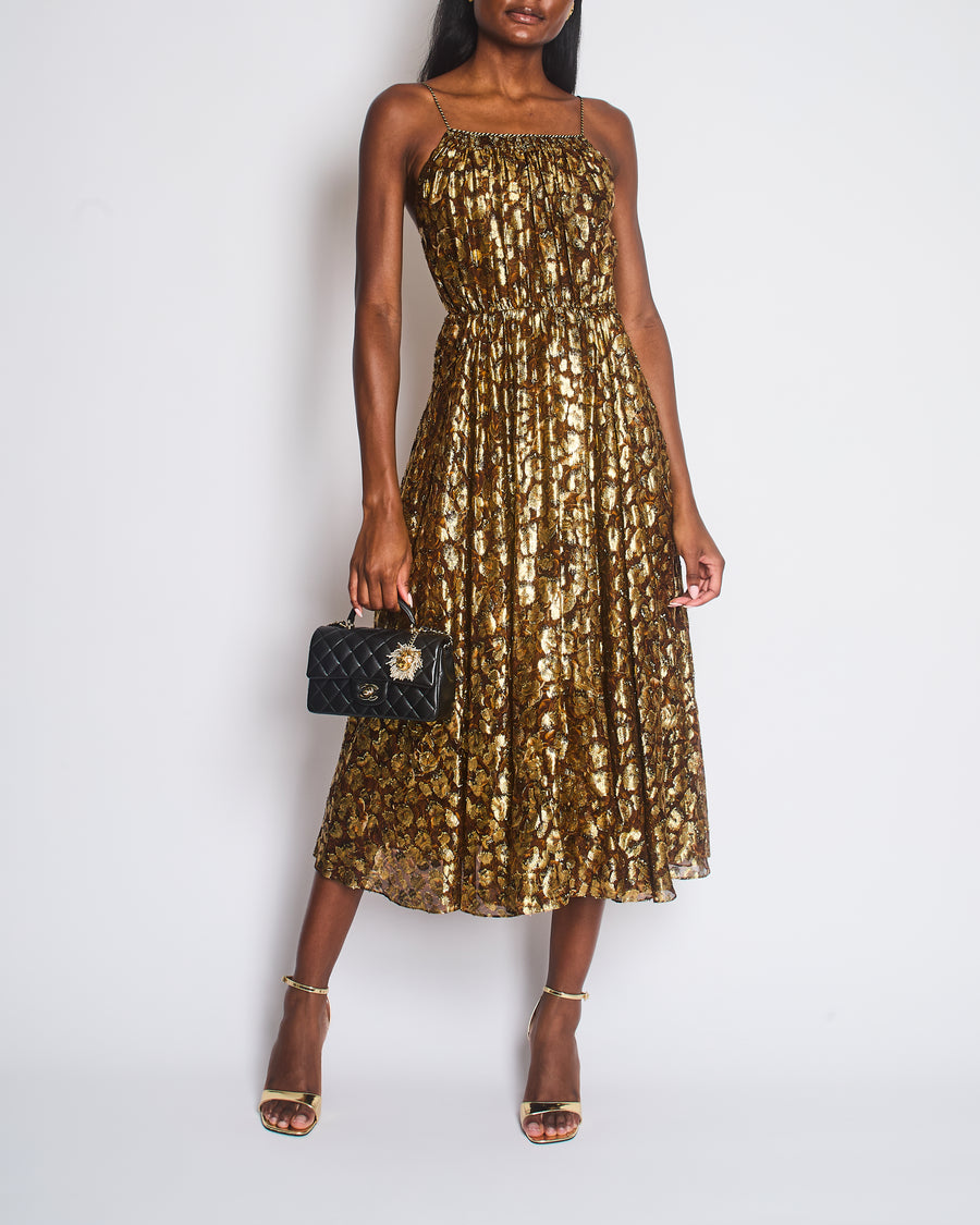 Celine Gold and Brown Georgette Floral Print Maxi Open Back Dress Size FR 36 (UK 8)