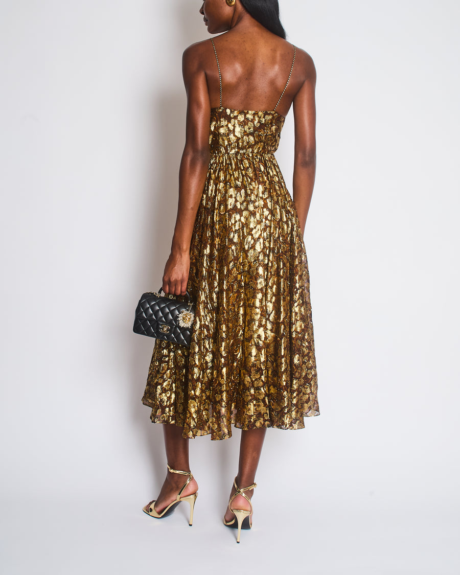 Celine Gold and Brown Georgette Floral Print Maxi Open Back Dress Size FR 36 (UK 8)