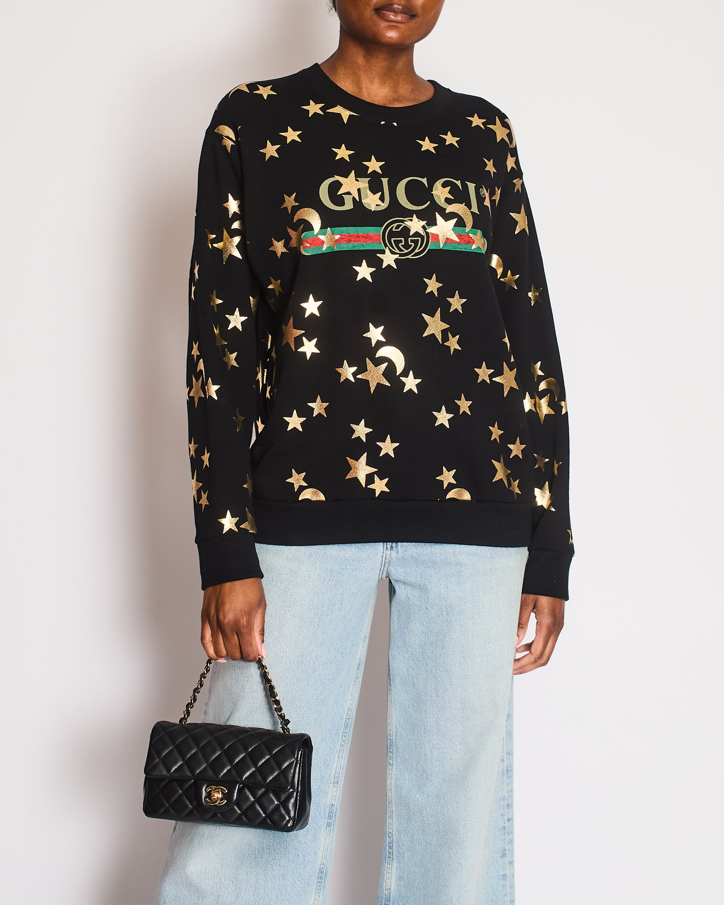 Gucci Black Sweatshirt with Gold Star Print GG Logo Size S (UK 8