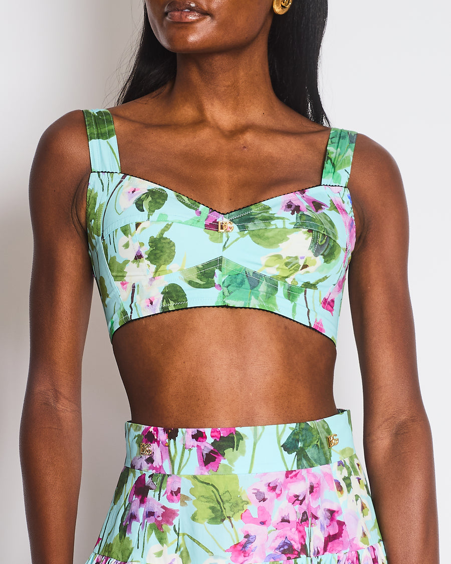 Dolce & Gabbana Blue, Green, Pink Floral Bluebell Print Bustier Crop Top and Tiered Midi Skirt Set with Gold Logo Embellishment Size IT 38-42 (UK 6-10)