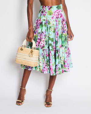 Dolce & Gabbana Blue, Green, Pink Floral Bluebell Print Bustier Crop Top and Tiered Midi Skirt Set with Gold Logo Embellishment Size IT 38-42 (UK 6-10)