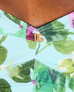 Dolce & Gabbana Blue, Green, Pink Floral Bluebell Print Bustier Crop Top and Tiered Midi Skirt Set with Gold Logo Embellishment Size IT 38-42 (UK 6-10)
