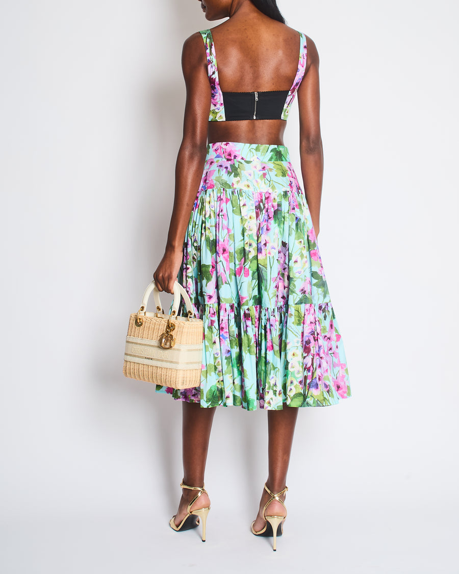 Dolce & Gabbana Blue, Green, Pink Floral Bluebell Print Bustier Crop Top and Tiered Midi Skirt Set with Gold Logo Embellishment Size IT 38-42 (UK 6-10)