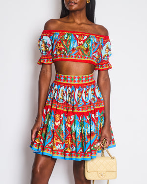 Dolce & Gabbana Red Graphic Carretto Print Off Shoulder Crop Top and Mid-Length Tiered Skirt Set Size IT 36-38 (UK 4-6)