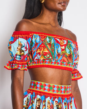 Dolce & Gabbana Red Graphic Carretto Print Off Shoulder Crop Top and Mid-Length Tiered Skirt Set Size IT 36-38 (UK 4-6)